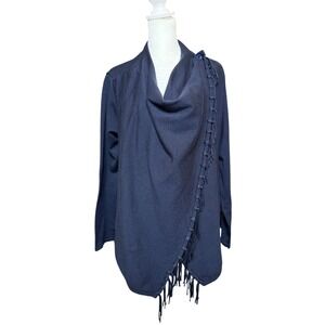 Chicos Navy Blue Convertible Fringe Trim Cowl Neck Cardigan Sweater Size 2 L